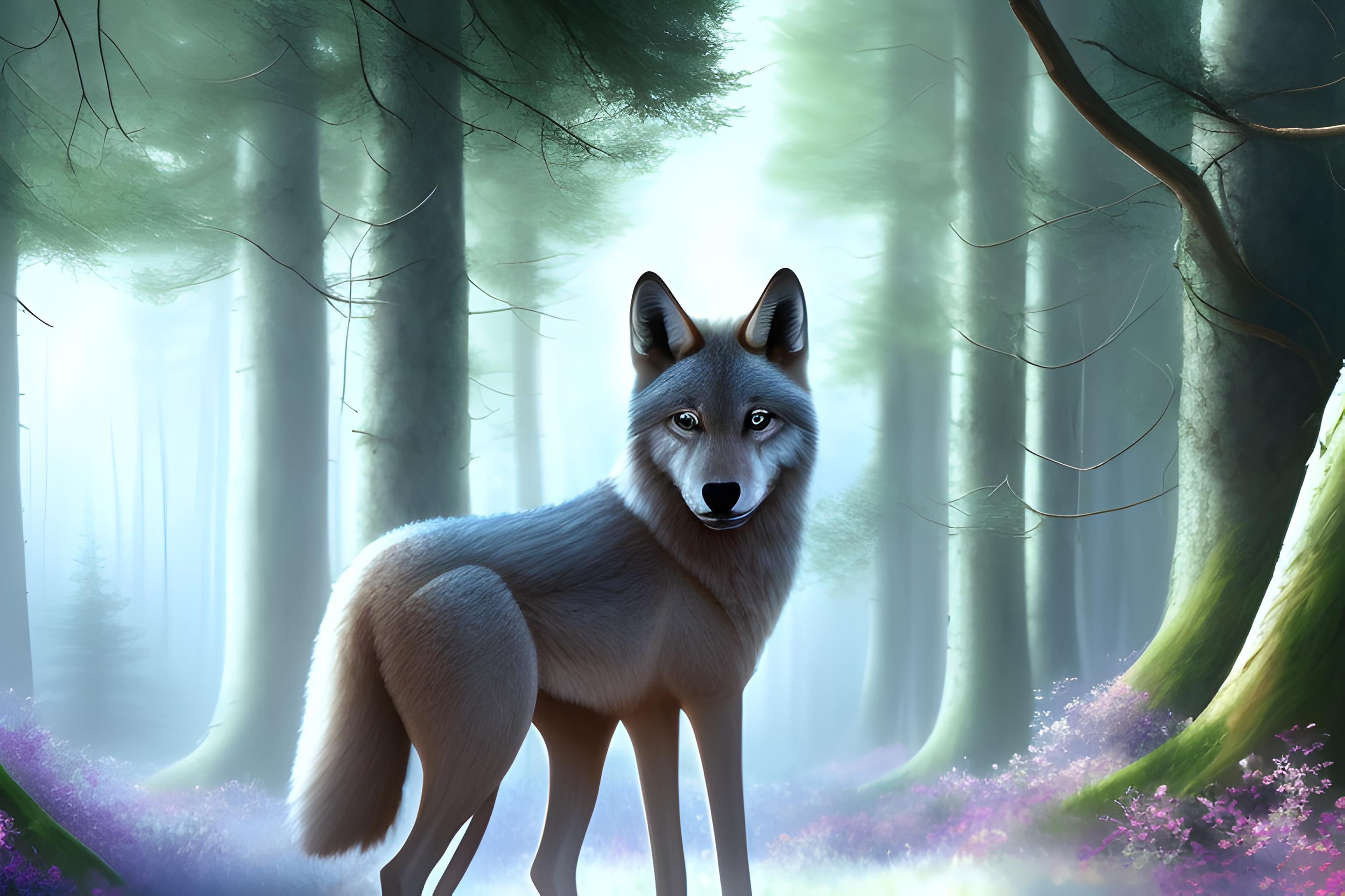 TU PEUX FAIR UN FON DECRANT AVEC UN LOUP DANS UN FORET DE AUTONNE AU BORE D UN RUISSO , SUR UN ROCHER AU SOLIE COUCHANT ET TRES BAUX EN ANIME EST EN SDXL
